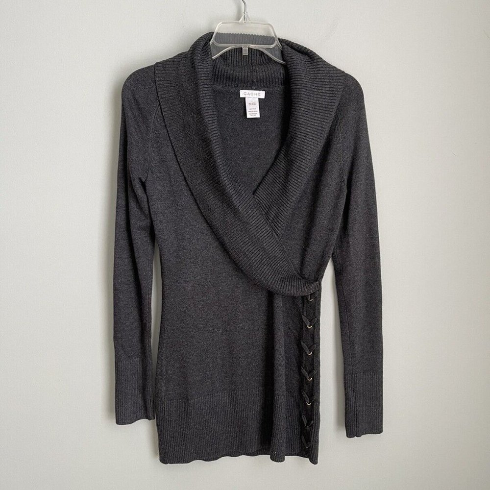 Cache Gray Long Sleeve V-Neck Sweater Tunic Grommet Detail